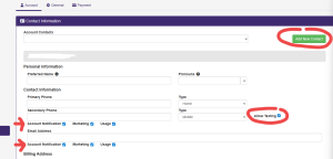 Screenshot of the eBill “Contact Information” page showing the Account Contacts dropdown with an “Add New Contact” button highlighted, plus notification checkboxes (Account Notification/Marketing/Usage) and an “Allow Texting” option for maintenance and outage alerts.