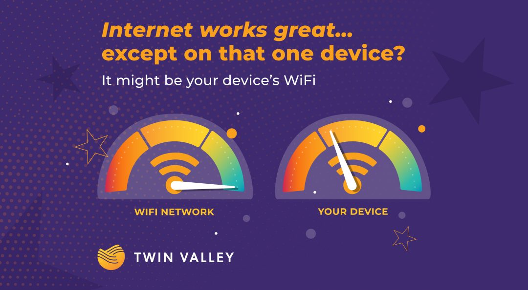 Illustration of two WiFi speed gauges, with the WiFi network at high performance and a device at lower performance.