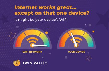 Illustration of two WiFi speed gauges, with the WiFi network at high performance and a device at lower performance.